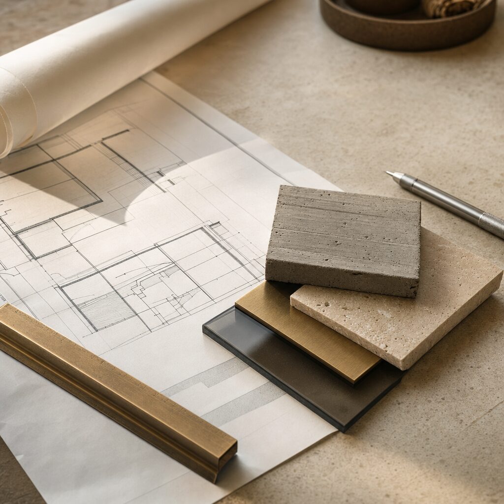 Technical drawings, a bronze scale ruler and stacked material samples on an architect's table